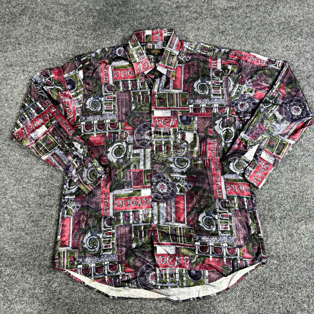 Thai Silk Mens XL Long Sleeve Button Up Shirt Abstract Architectural Print